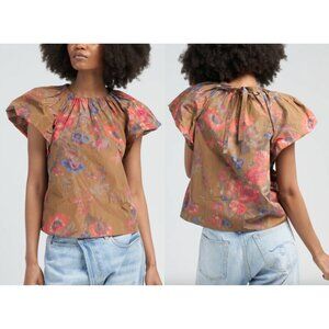 $420 Ulla Johnson Brown Multi Abstract Puff Sleeve Flo Blouse Top size 2